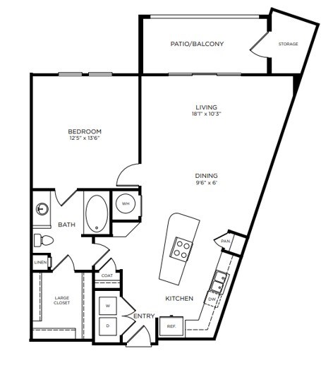 A black and white floor plan of a home with a living room, dining room, kitchen, and bathroom.